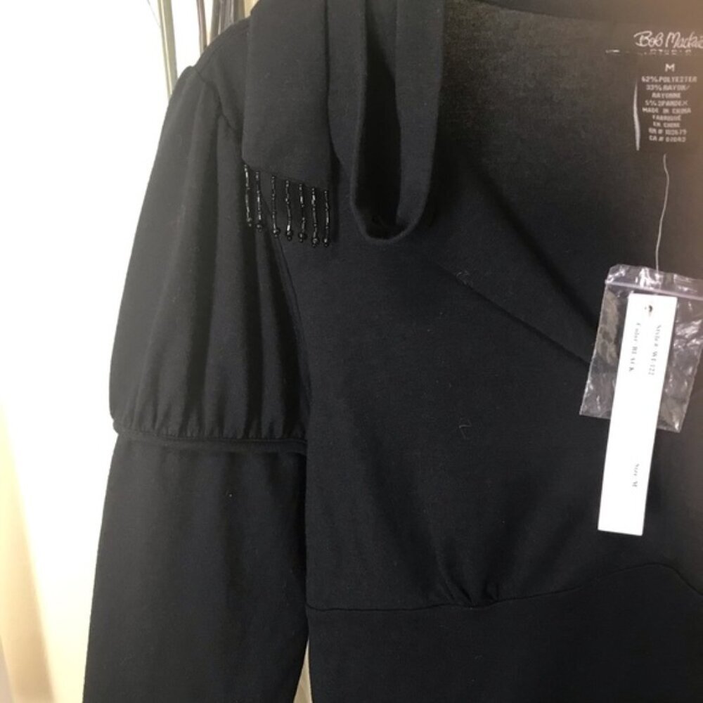 BOB MACKIE NEW Scarf Beads Top Tee Shirt Boho Tunic Stretch Long Sleeves Black M - Picture 5 of 8